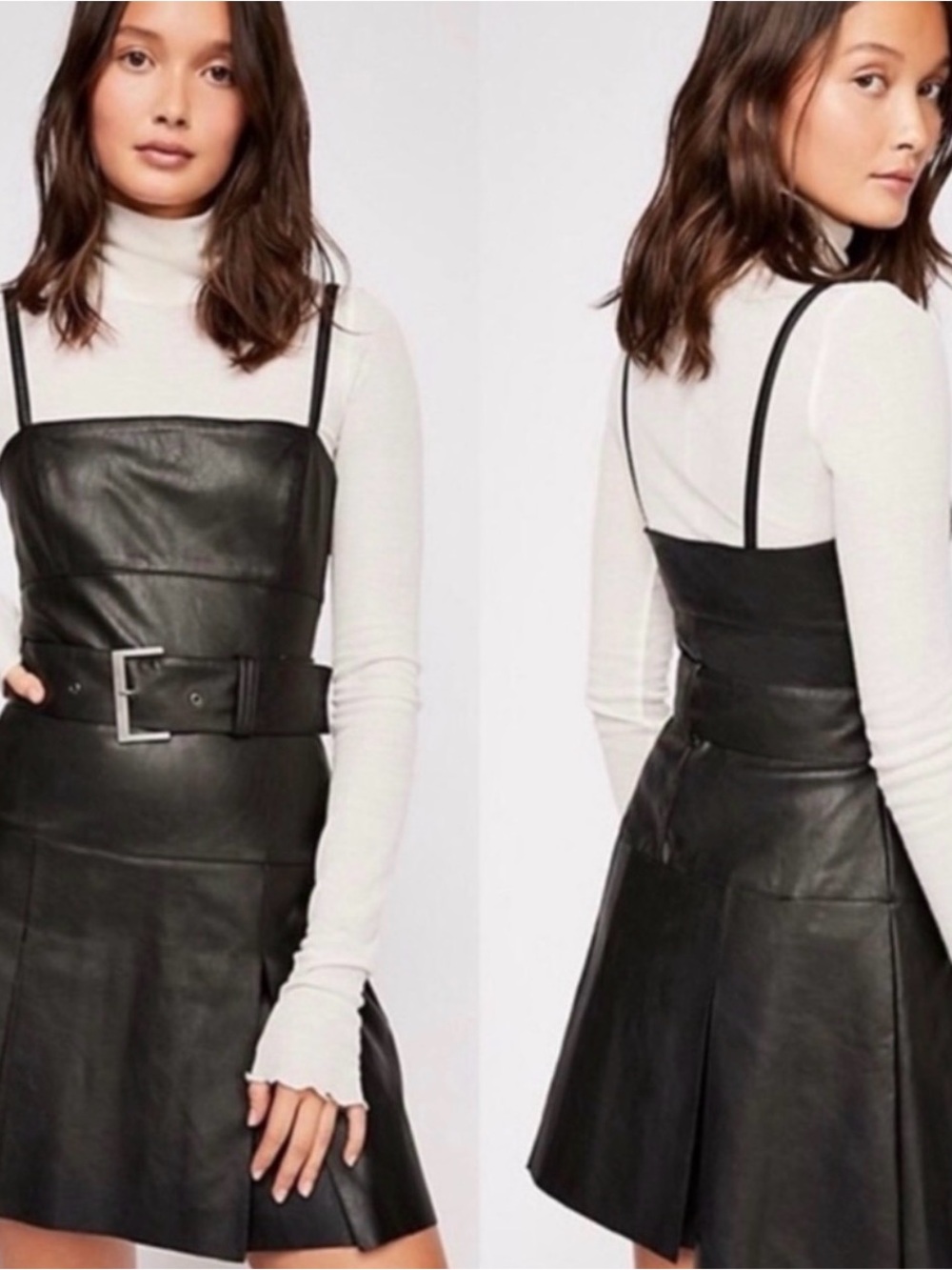 Free People Black Faux Leather Slip Dress with Belt Detail